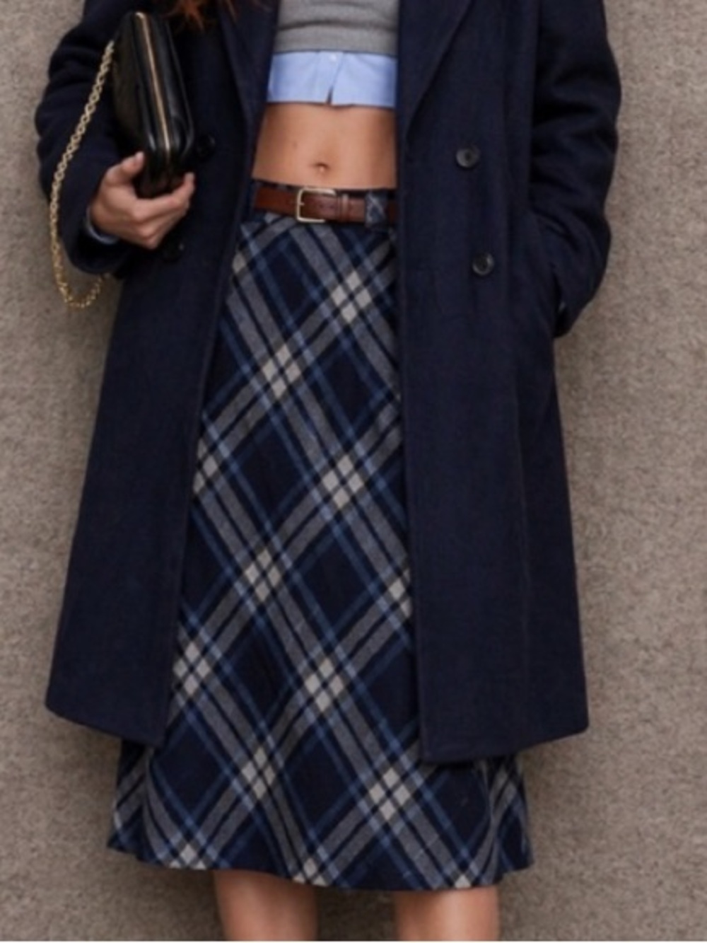 Vintage wool Plaid A-Line Midi Skirt in Navy and Gray